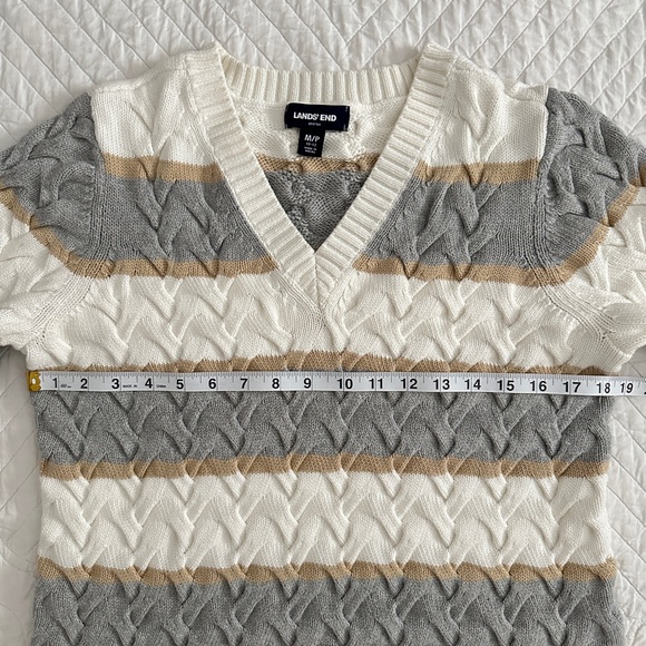 Lands' End Drifter Striped Cable Knit Sweater V-Neck 100% Cotton Medium Petite - Picture 5 of 9